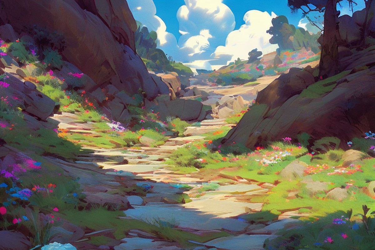 (NIJIFTB), 
a painting of a rocky path with flowers and rocks on either side of it and a sky background with clouds and su...